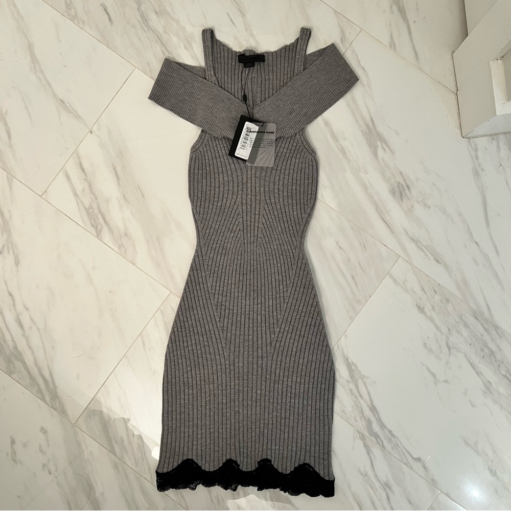Alexander Wang, NWT, Off the Shoulder Ribbed Knit Dress with Lace Trim